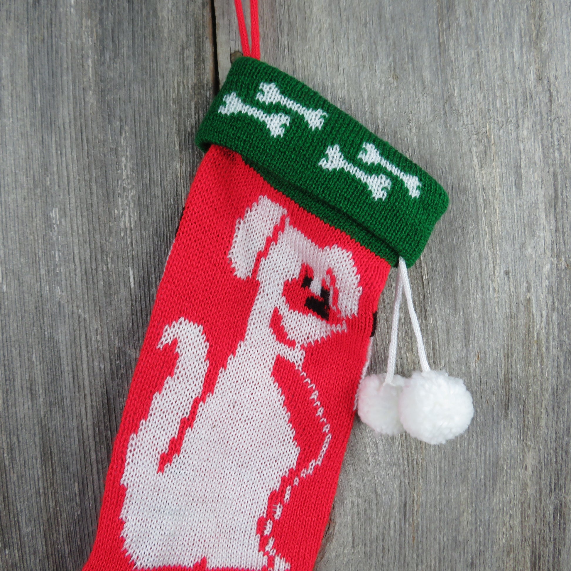 Vintage Dog Pet Knit Stocking Dogs Love Christmas Too Knitted Knit Puppy 1980s Red White Green - At Grandma's Table