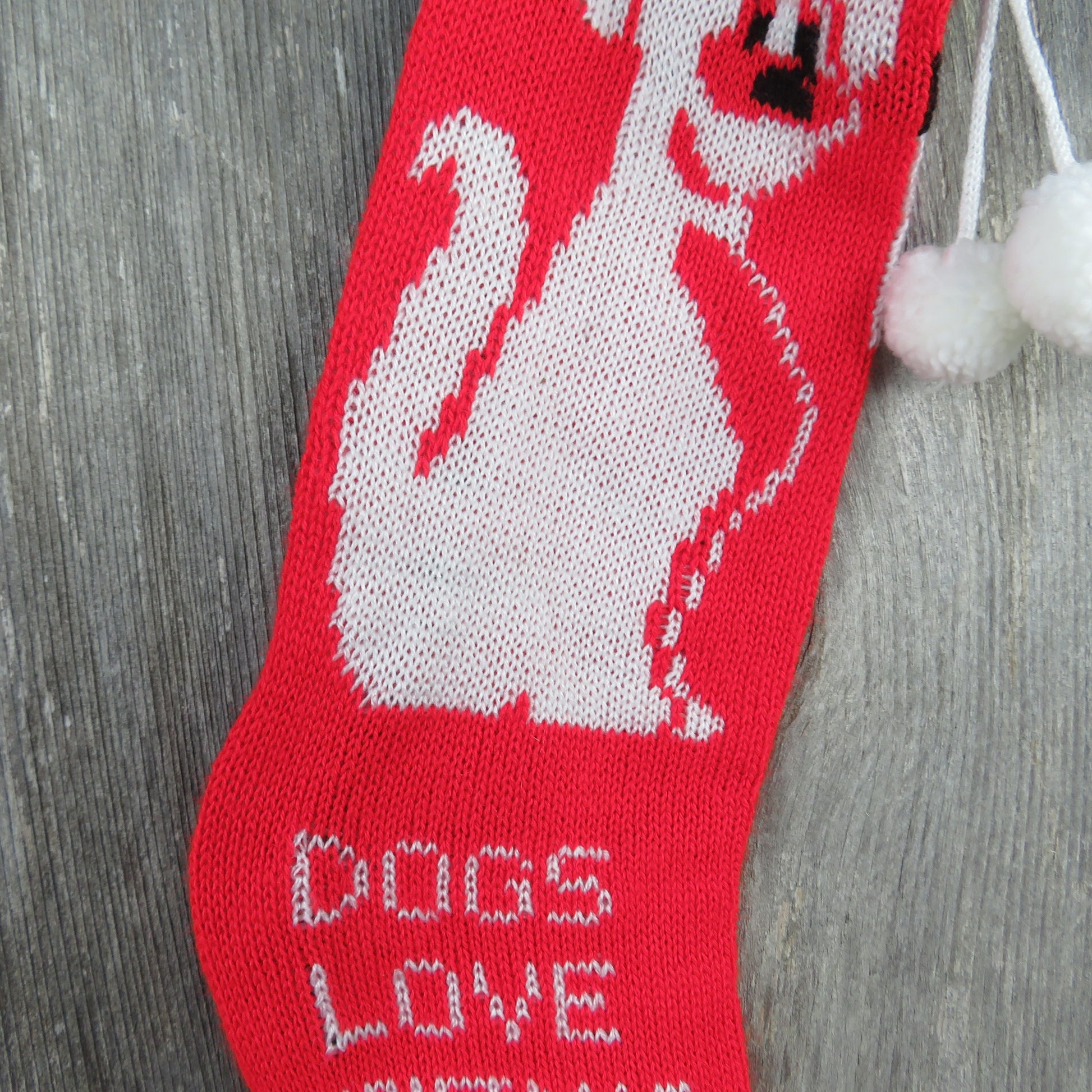 Vintage Dog Pet Knit Stocking Dogs Love Christmas Too Knitted Knit Puppy 1980s Red White Green - At Grandma's Table