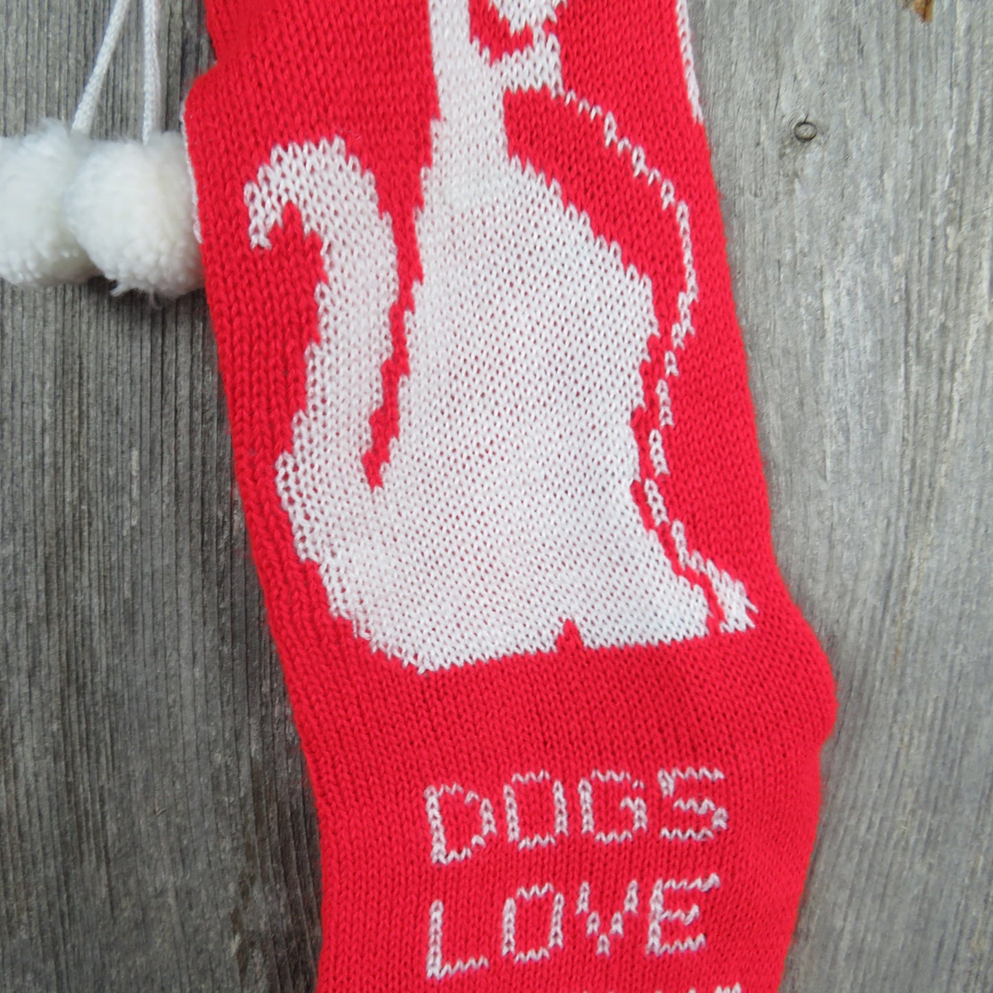 Vintage Dog Pet Knit Stocking Dogs Love Christmas Too Knitted Knit Puppy 1980s Red White Green - At Grandma's Table