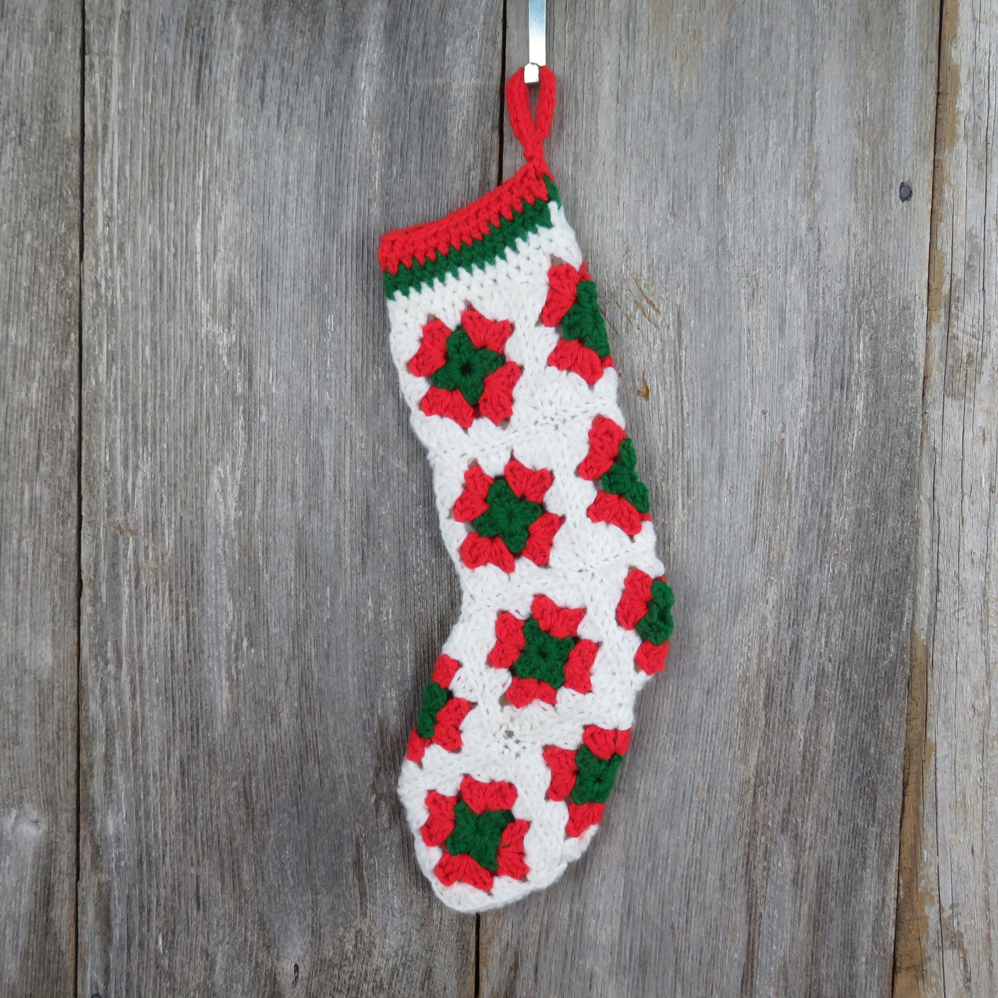 Vintage Granny Square Christmas Stocking Crochet Handmade White Green Red Yarn - At Grandma's Table