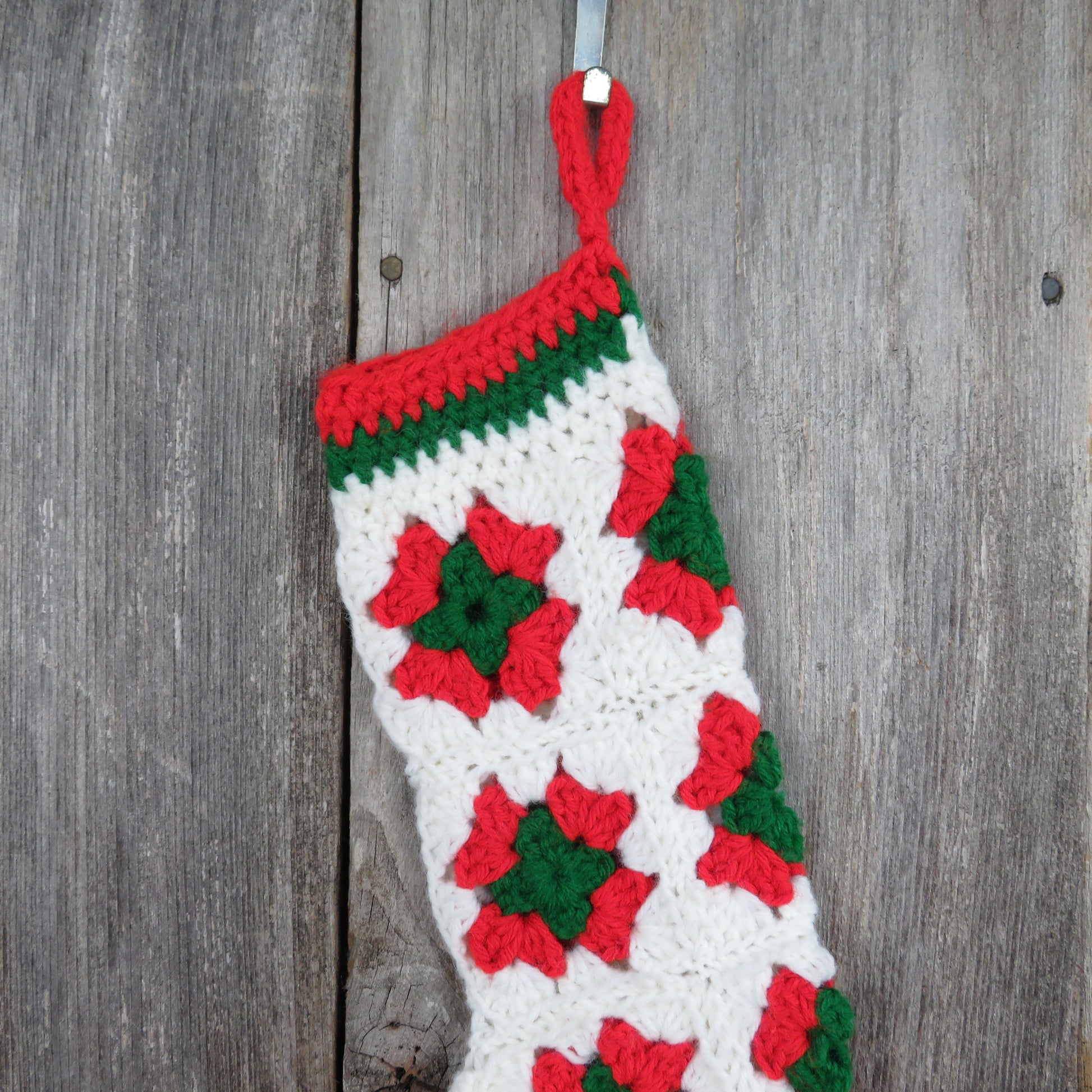 Vintage Granny Square Christmas Stocking Crochet Handmade White Green Red Yarn - At Grandma's Table