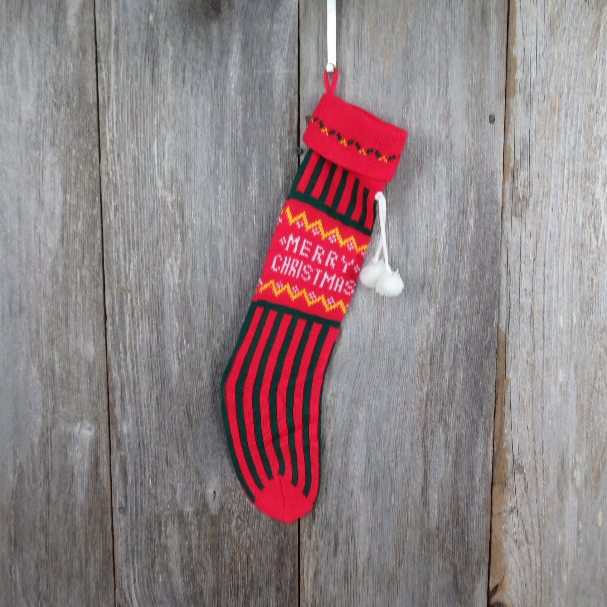 Vintage Striped Knit Stocking Merry Christmas Green Red Vertical Stripes Pom Pom - At Grandma's Table