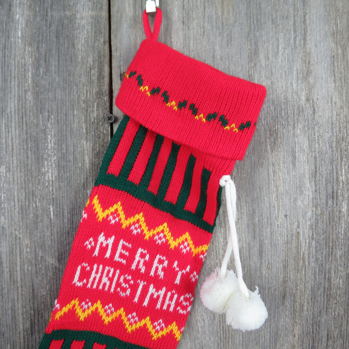 Vintage Striped Knit Stocking Merry Christmas Green Red Vertical Stripes Pom Pom - At Grandma's Table