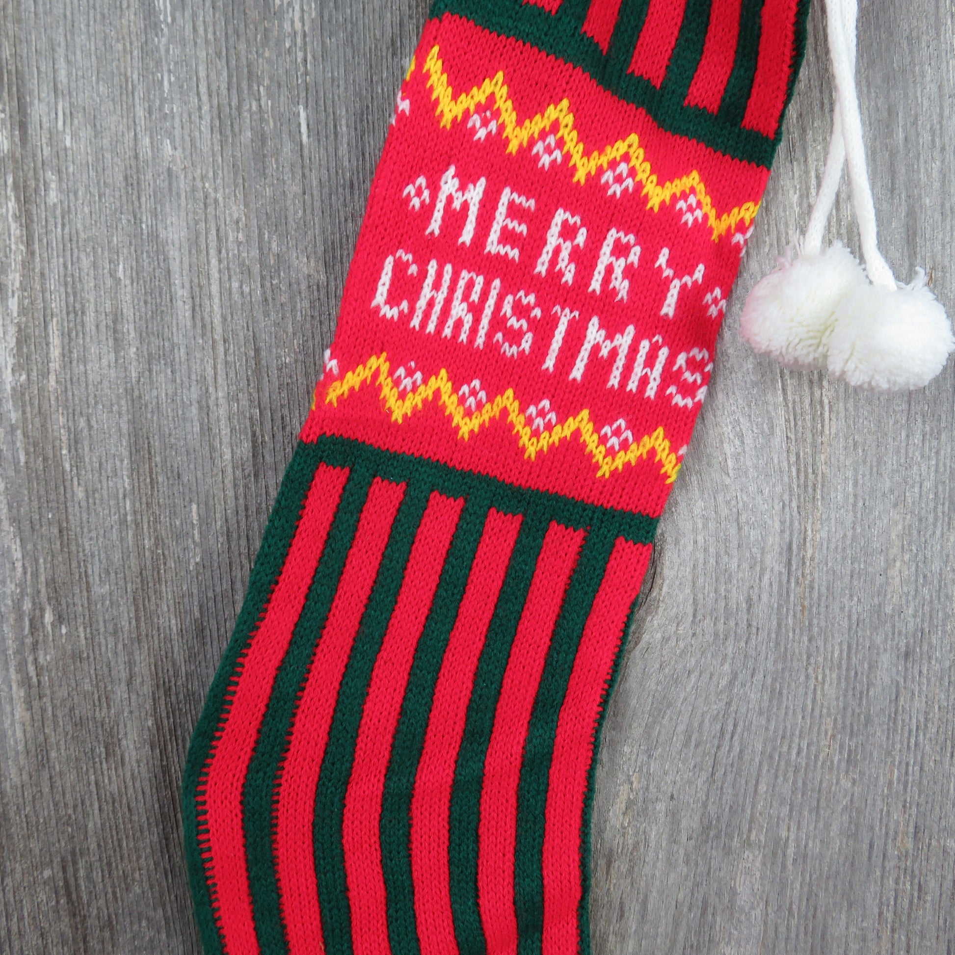 Vintage Striped Knit Stocking Merry Christmas Green Red Vertical Stripes Pom Pom - At Grandma's Table