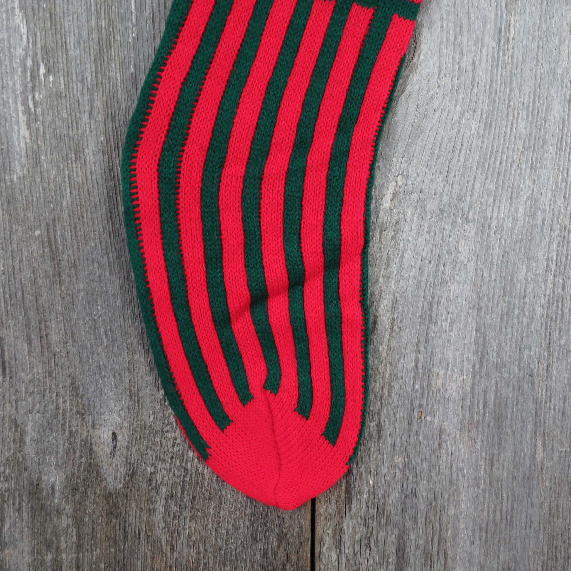 Vintage Striped Knit Stocking Merry Christmas Green Red Vertical Stripes Pom Pom - At Grandma's Table