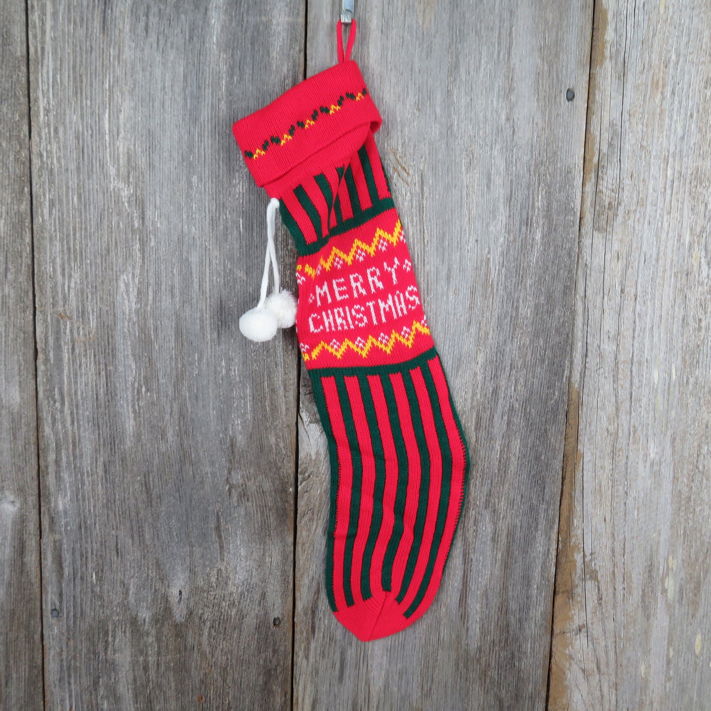 Vintage Striped Knit Stocking Merry Christmas Green Red Vertical Stripes Pom Pom - At Grandma's Table