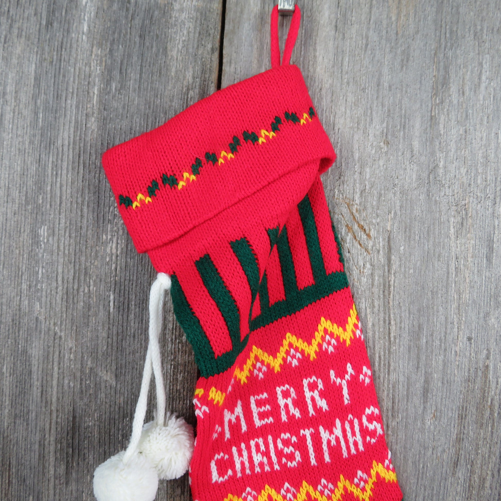 Vintage Striped Knit Stocking Merry Christmas Green Red Vertical Stripes Pom Pom - At Grandma's Table