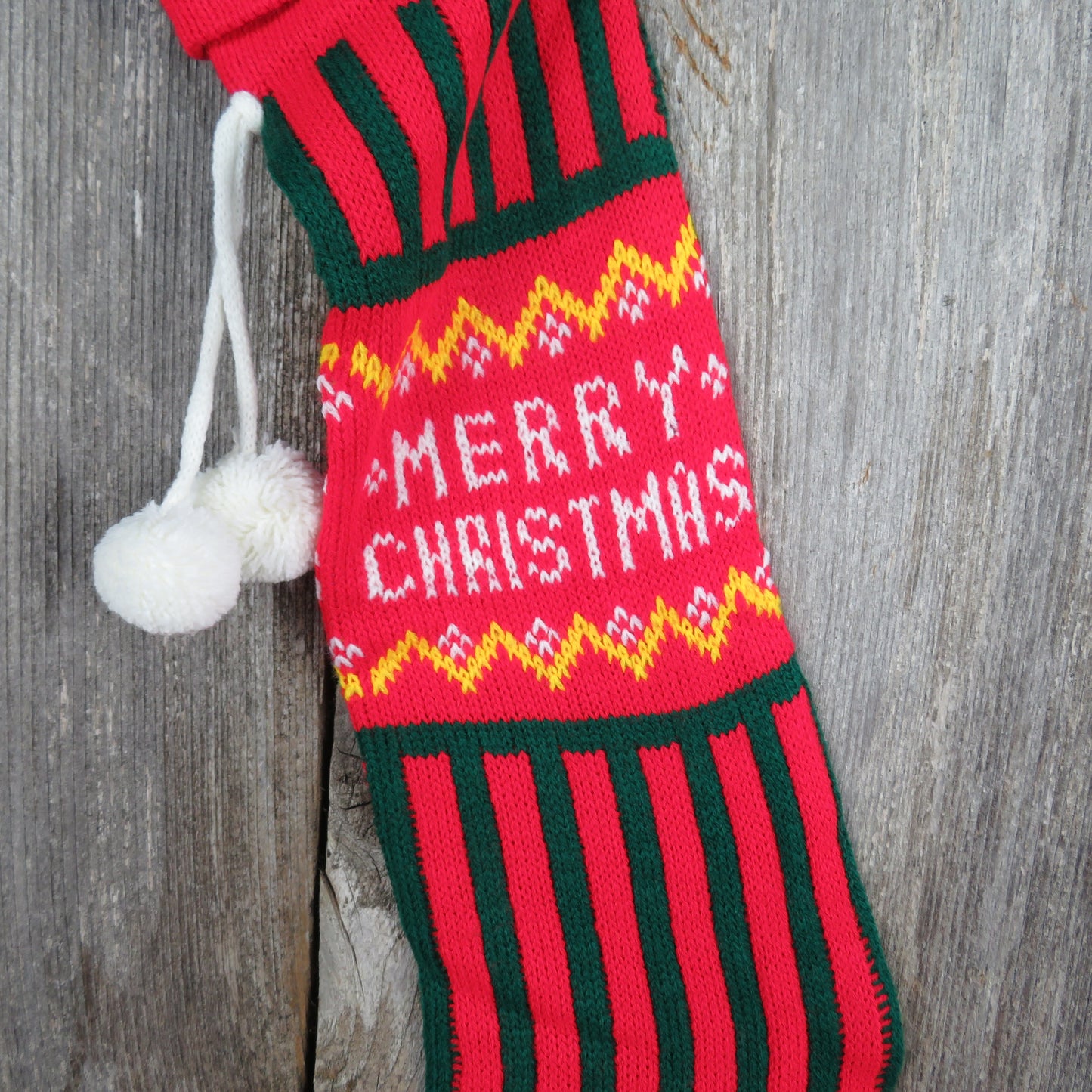 Vintage Striped Knit Stocking Merry Christmas Green Red Vertical Stripes Pom Pom - At Grandma's Table