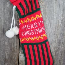 Load image into Gallery viewer, Vintage Striped Knit Stocking Merry Christmas Green Red Vertical Stripes Pom Pom - At Grandma&#39;s Table