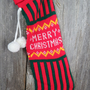 Vintage Striped Knit Stocking Merry Christmas Green Red Vertical Stripes Pom Pom - At Grandma's Table