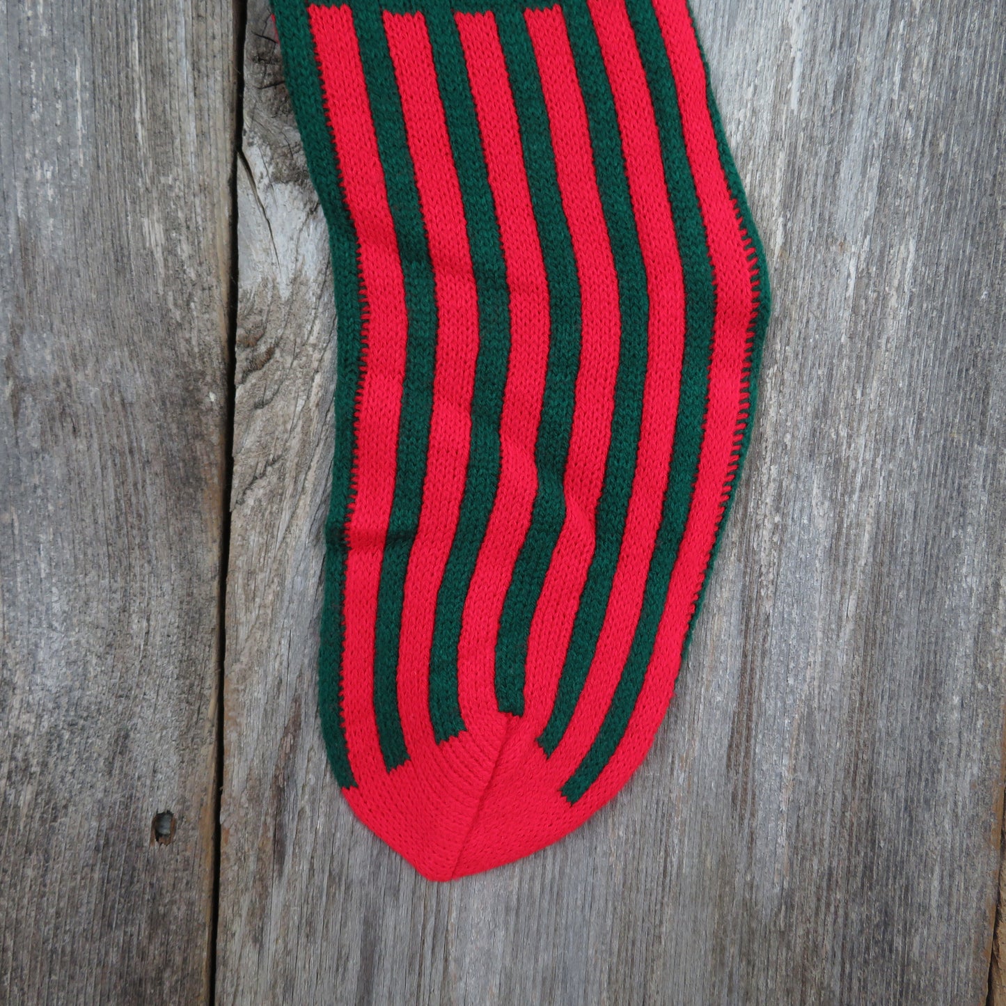 Vintage Striped Knit Stocking Merry Christmas Green Red Vertical Stripes Pom Pom - At Grandma's Table