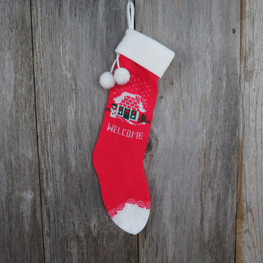 Vintage Welcome Home Stocking Knit Christmas Knitted House Red White 1980s - At Grandma's Table