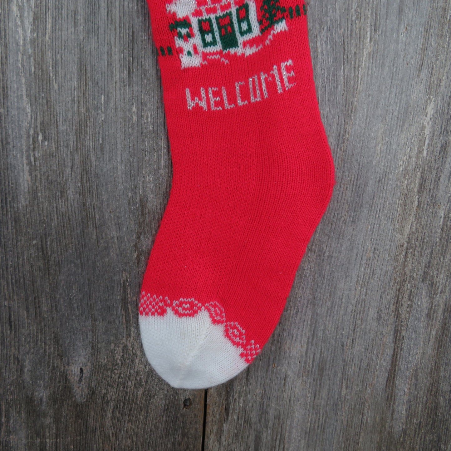 Vintage Welcome Home Stocking Knit Christmas Knitted House Red White 1980s - At Grandma's Table