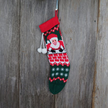 Load image into Gallery viewer, Vintage Santa Claus in Chimney Stocking Knit Christmas Pom Poms Red Green White 1980s - At Grandma&#39;s Table