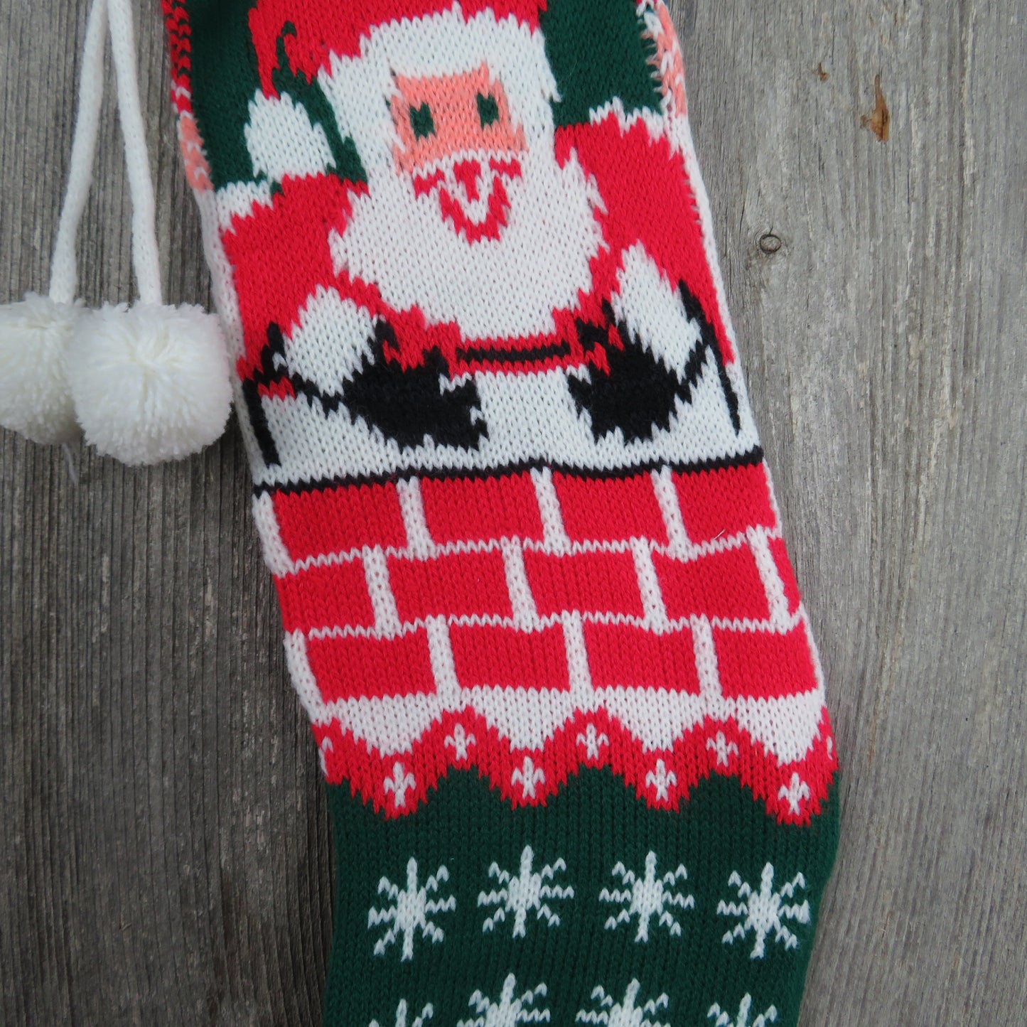 Vintage Santa Claus in Chimney Stocking Knit Christmas Pom Poms Red Green White 1980s - At Grandma's Table