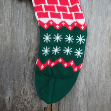 Load image into Gallery viewer, Vintage Santa Claus in Chimney Stocking Knit Christmas Pom Poms Red Green White 1980s - At Grandma&#39;s Table