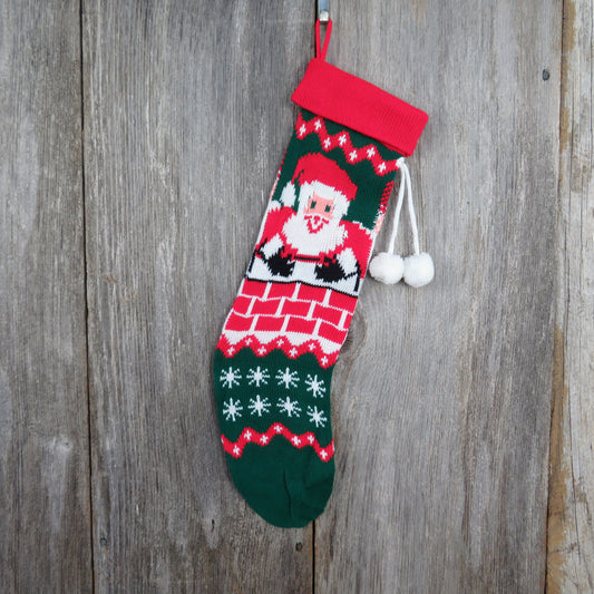 Vintage Santa Claus in Chimney Stocking Knit Christmas Pom Poms Red Green White 1980s - At Grandma's Table