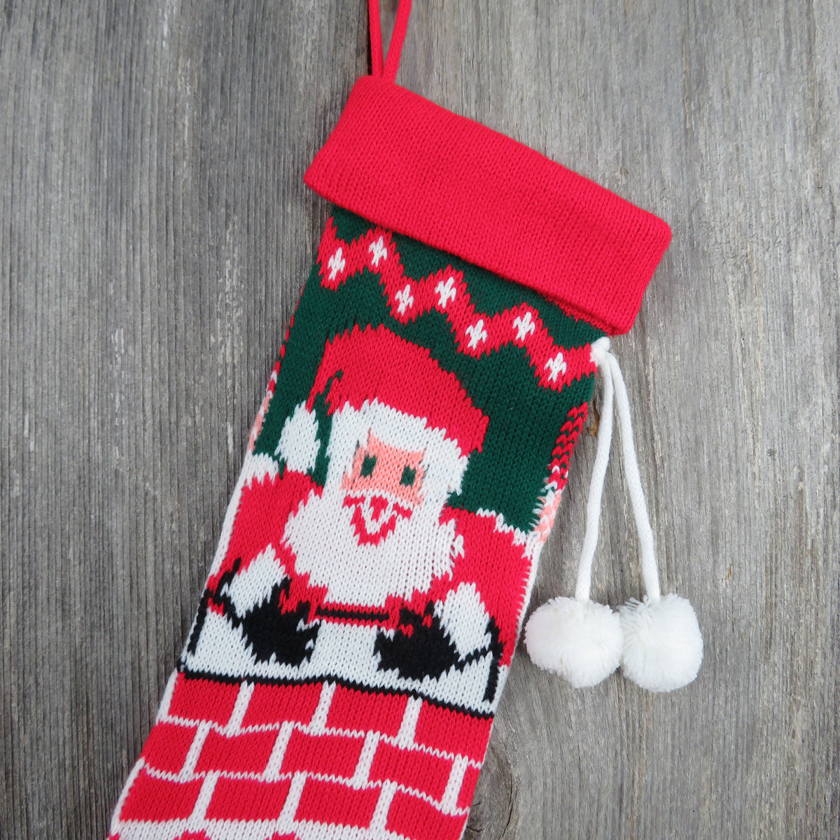 Vintage Santa Claus in Chimney Stocking Knit Christmas Pom Poms Red Gr ...