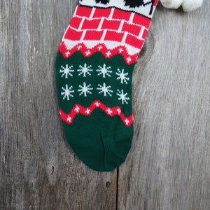 Vintage Santa Claus in Chimney Stocking Knit Christmas Pom Poms Red Green White 1980s - At Grandma's Table