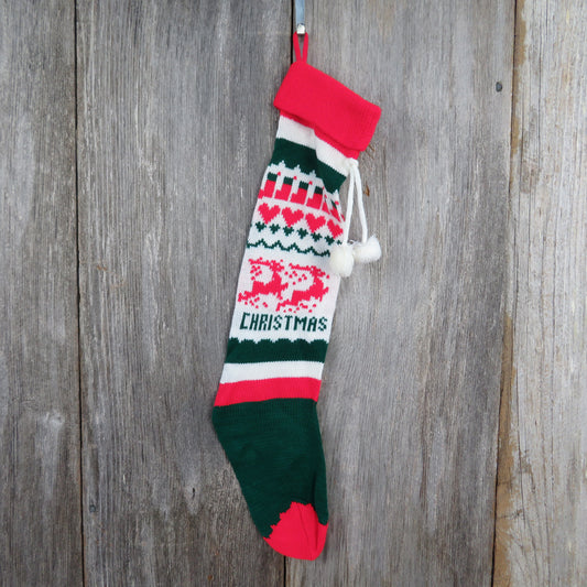 Vintage Knit Stocking Reindeer Hearts Stockings Christmas Deer Knitted  Red Green White Pom Pom - At Grandma's Table