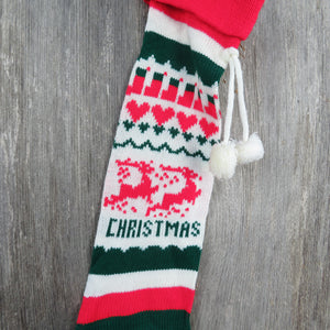 Vintage Knit Stocking Reindeer Hearts Stockings Christmas Deer Knitted  Red Green White Pom Pom - At Grandma's Table