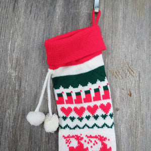 Vintage Knit Stocking Reindeer Hearts Stockings Christmas Deer Knitted  Red Green White Pom Pom - At Grandma's Table