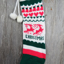 Load image into Gallery viewer, Vintage Knit Stocking Reindeer Hearts Stockings Christmas Deer Knitted  Red Green White Pom Pom - At Grandma&#39;s Table