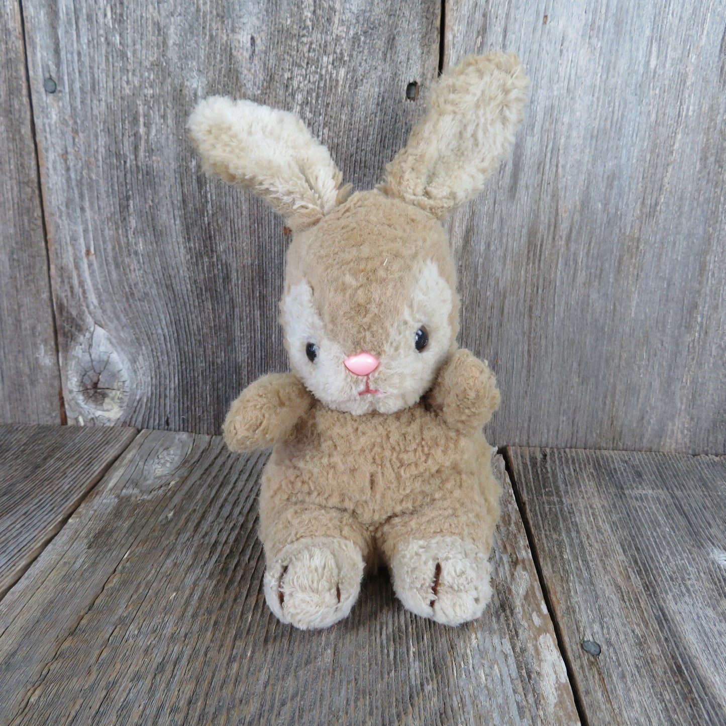 Vintage Bunny Rabbit Plush Easter Stuffed Animal Brown Beige Pink Nose Sitting Spring - At Grandma's Table