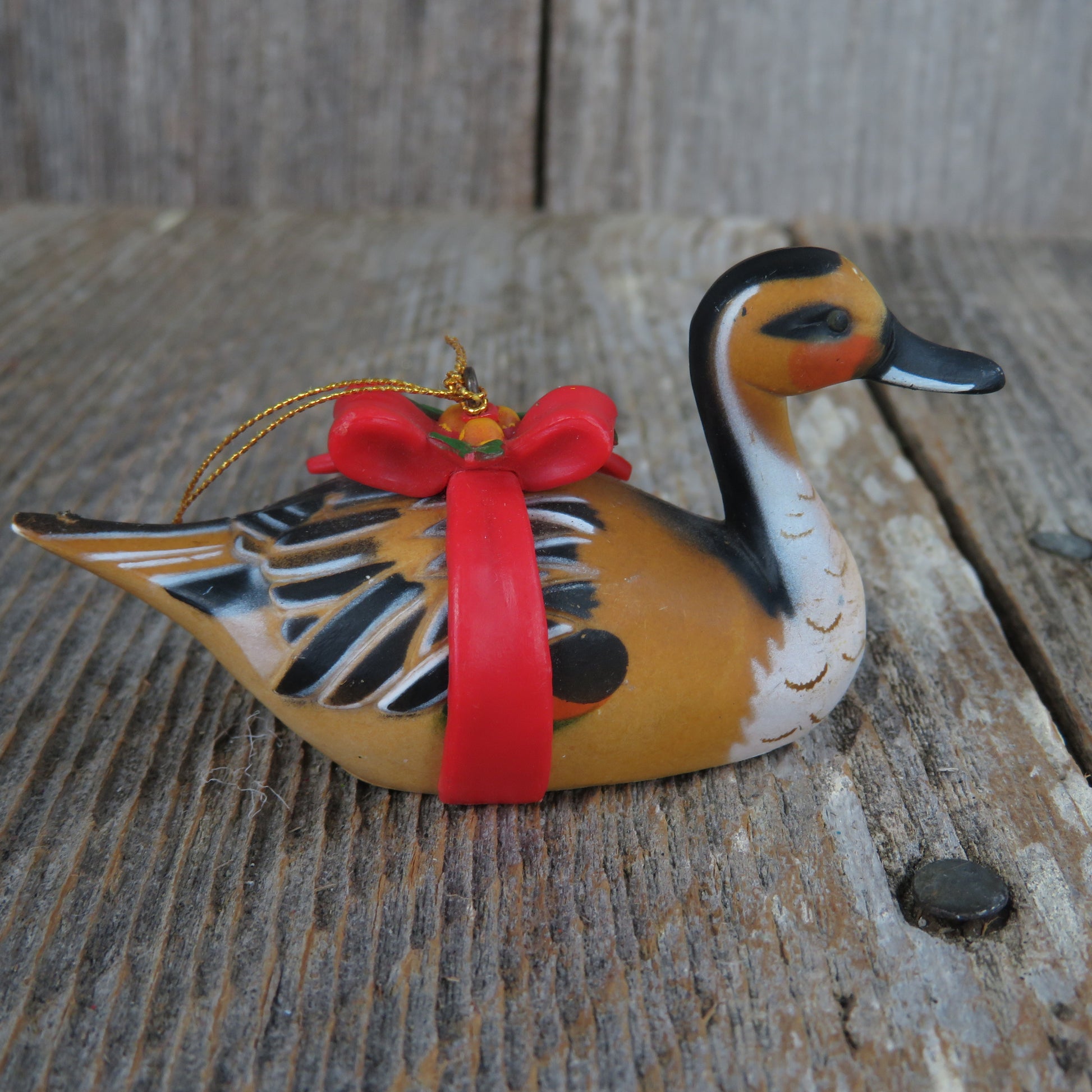 Vintage Duck Ornament Fulvous Whistling Red Bow Bird Christmas Yellow Decoy Hong Kong - At Grandma's Table