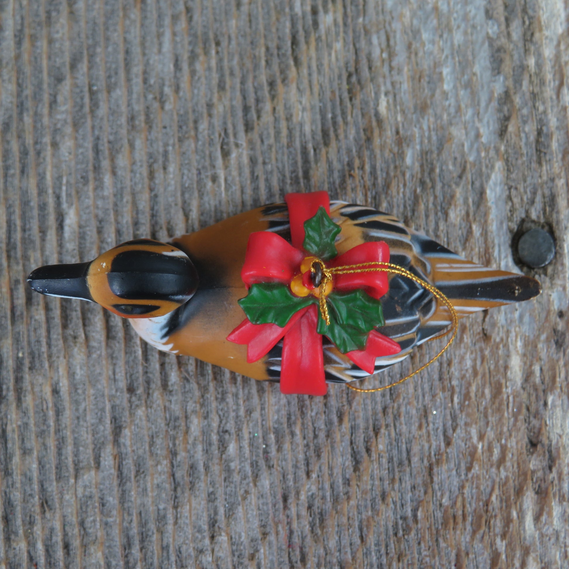 Vintage Duck Ornament Fulvous Whistling Red Bow Bird Christmas Yellow Decoy Hong Kong - At Grandma's Table
