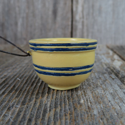 Vintage Yellow Mixing Bowl Ornament Wood Blue Rings Bands Stoneware Pottery Like Christmas Miniature Dollhouse - At Grandma's Table