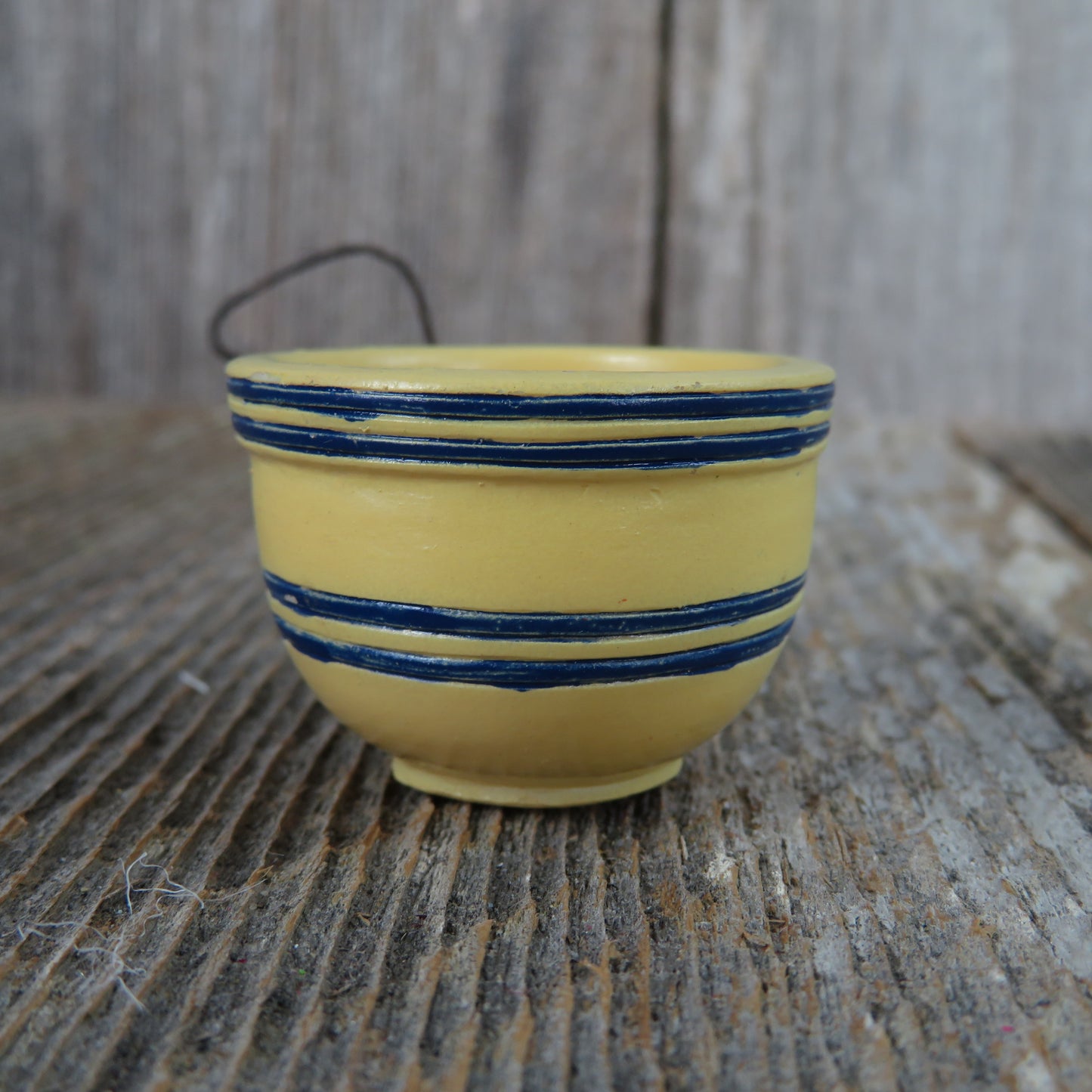 Vintage Yellow Mixing Bowl Ornament Wood Blue Rings Bands Stoneware Pottery Like Christmas Miniature Dollhouse - At Grandma's Table