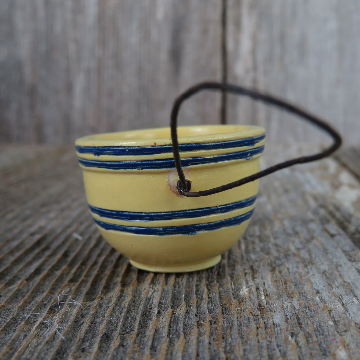 Vintage Yellow Mixing Bowl Ornament Wood Blue Rings Bands Stoneware Pottery Like Christmas Miniature Dollhouse - At Grandma's Table