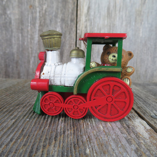 Vintage Teddy Bear Conductor in Train Christmas Ornament Plastic Red White Green - At Grandma's Table