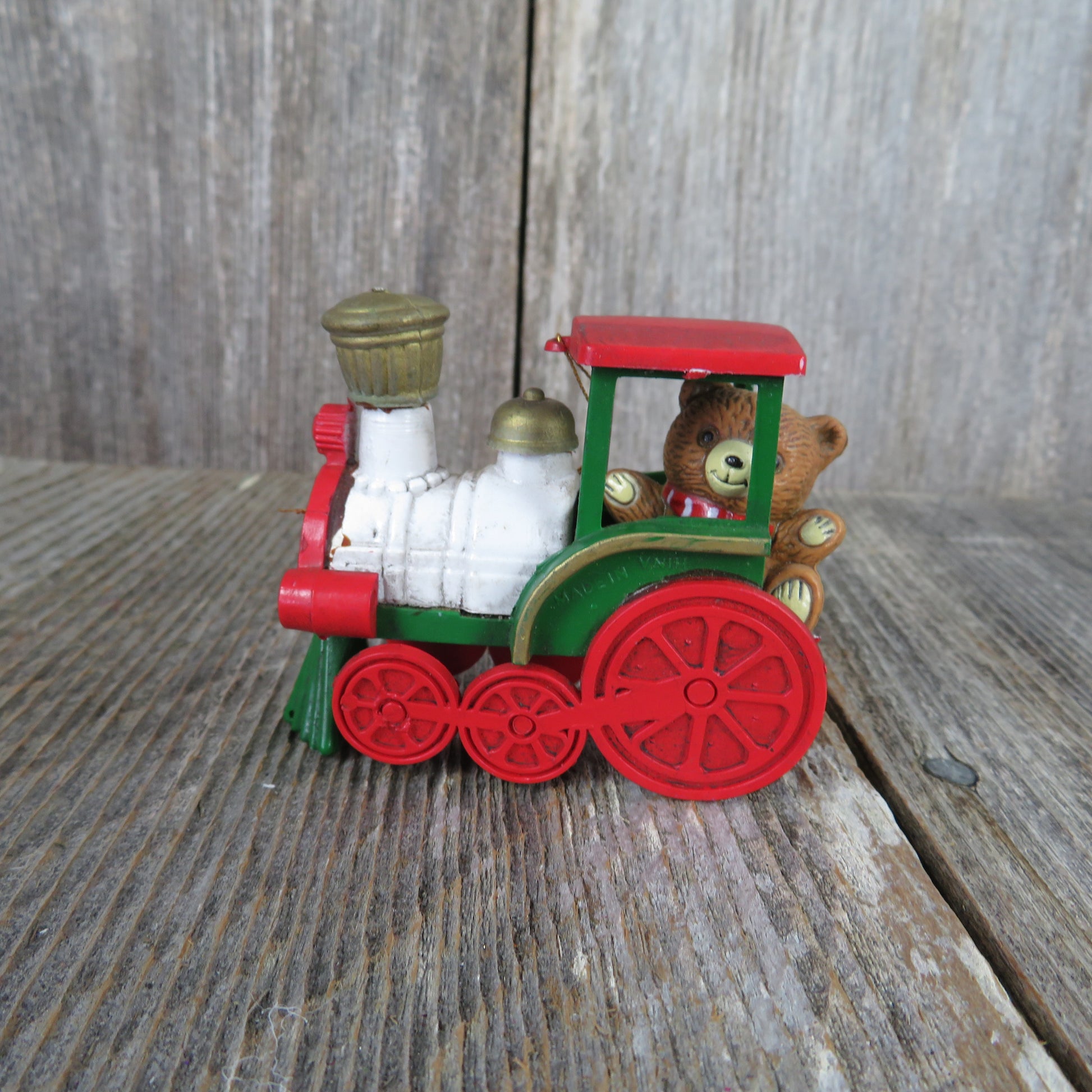 Vintage Teddy Bear Conductor in Train Christmas Ornament Plastic Red White Green - At Grandma's Table