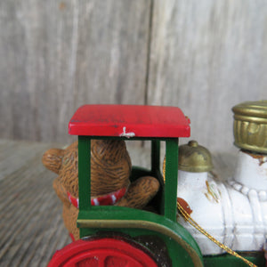Vintage Teddy Bear Conductor in Train Christmas Ornament Plastic Red White Green - At Grandma's Table
