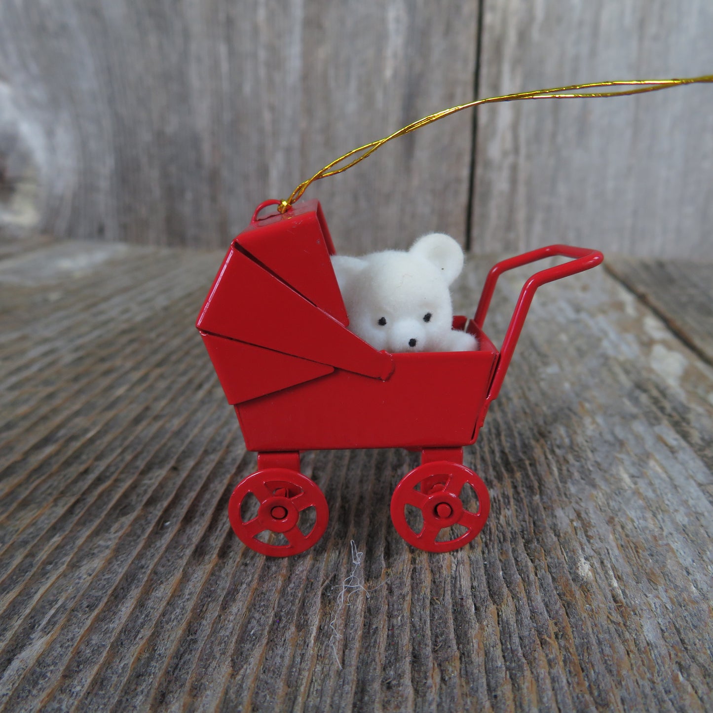 Vintage Flocked Bear in Baby Carriage Ornament Red Metal Buggy Pram White Bear Cart Stroller - At Grandma's Table