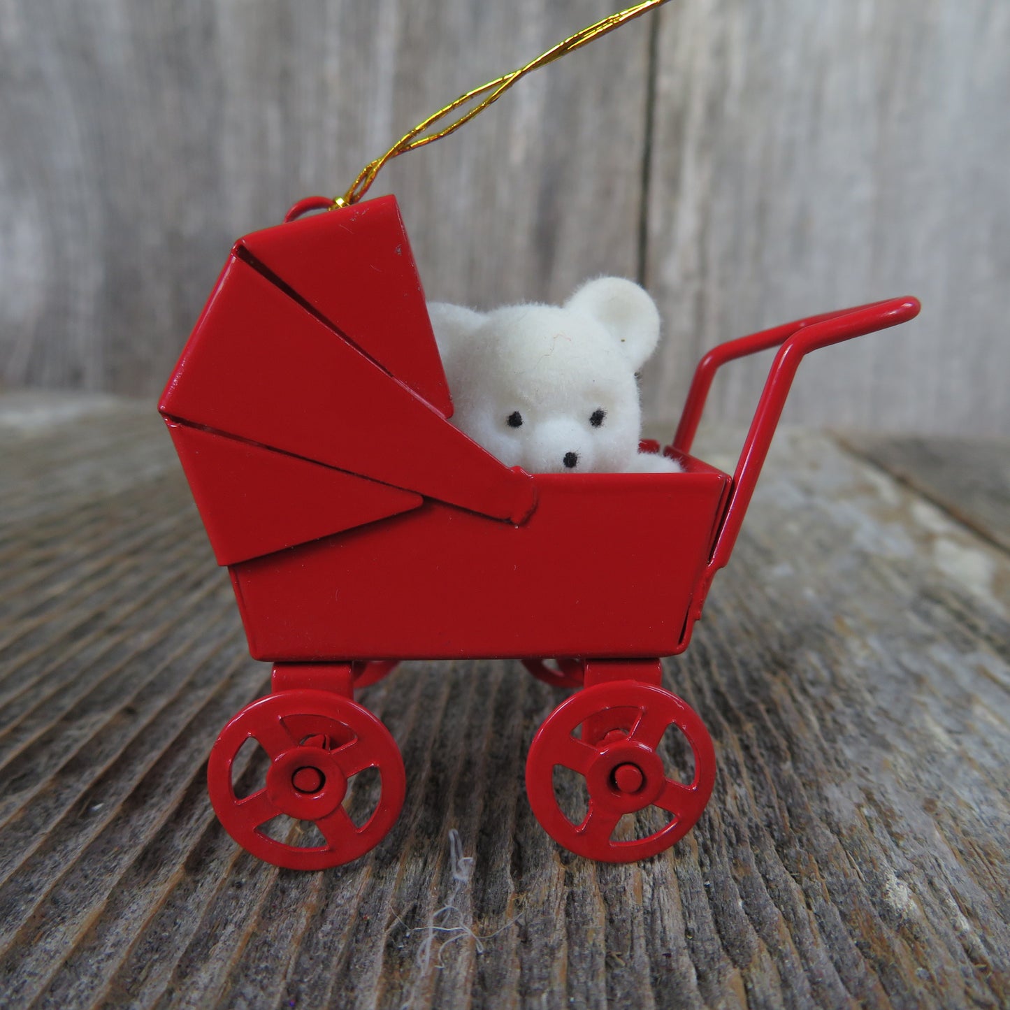 Vintage Flocked Bear in Baby Carriage Ornament Red Metal Buggy Pram White Bear Cart Stroller - At Grandma's Table