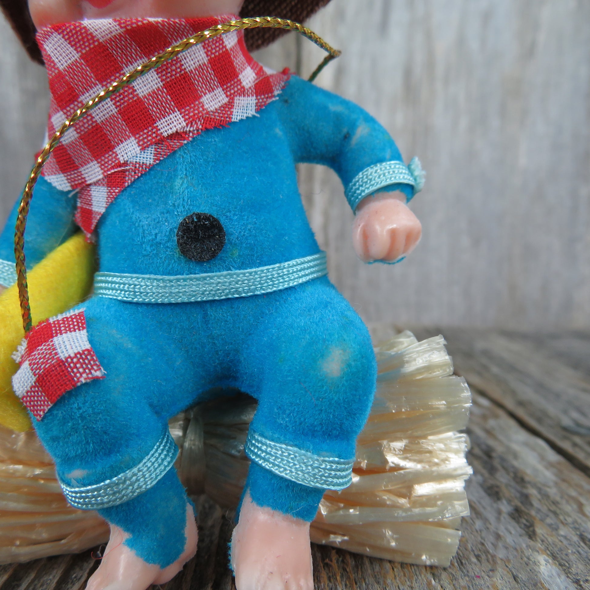 Vintage Little Boy Blue Flocked Christmas Ornament Nursery Rhyme Blow Your Horn Hay Bale - At Grandma's Table
