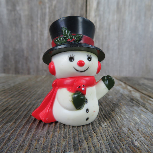 Vintage Snowman With Bird Figurine Plastic Top Hat Mittens Scarf Eyelashes Christmas Village - At Grandma's Table