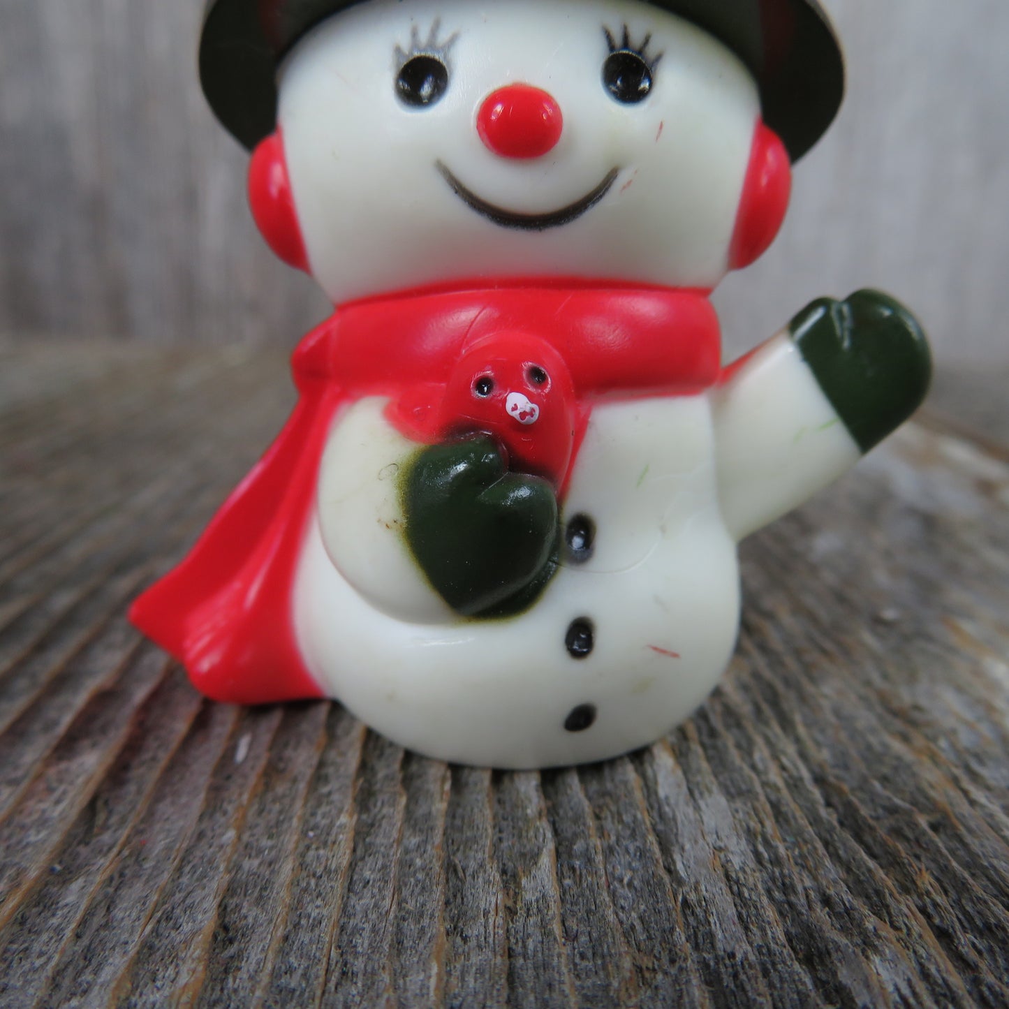 Vintage Snowman With Bird Figurine Plastic Top Hat Mittens Scarf Eyelashes Christmas Village - At Grandma's Table
