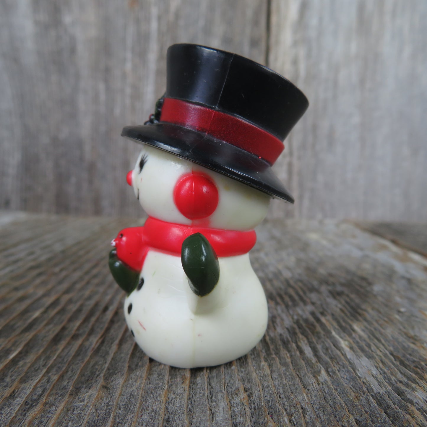 Vintage Snowman With Bird Figurine Plastic Top Hat Mittens Scarf Eyelashes Christmas Village - At Grandma's Table