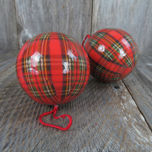 Vintage Red Tartan Plaid Ball Christmas Ornament Decoupage Royal Stewart Fabric or Paper Covered Mache - At Grandma's Table