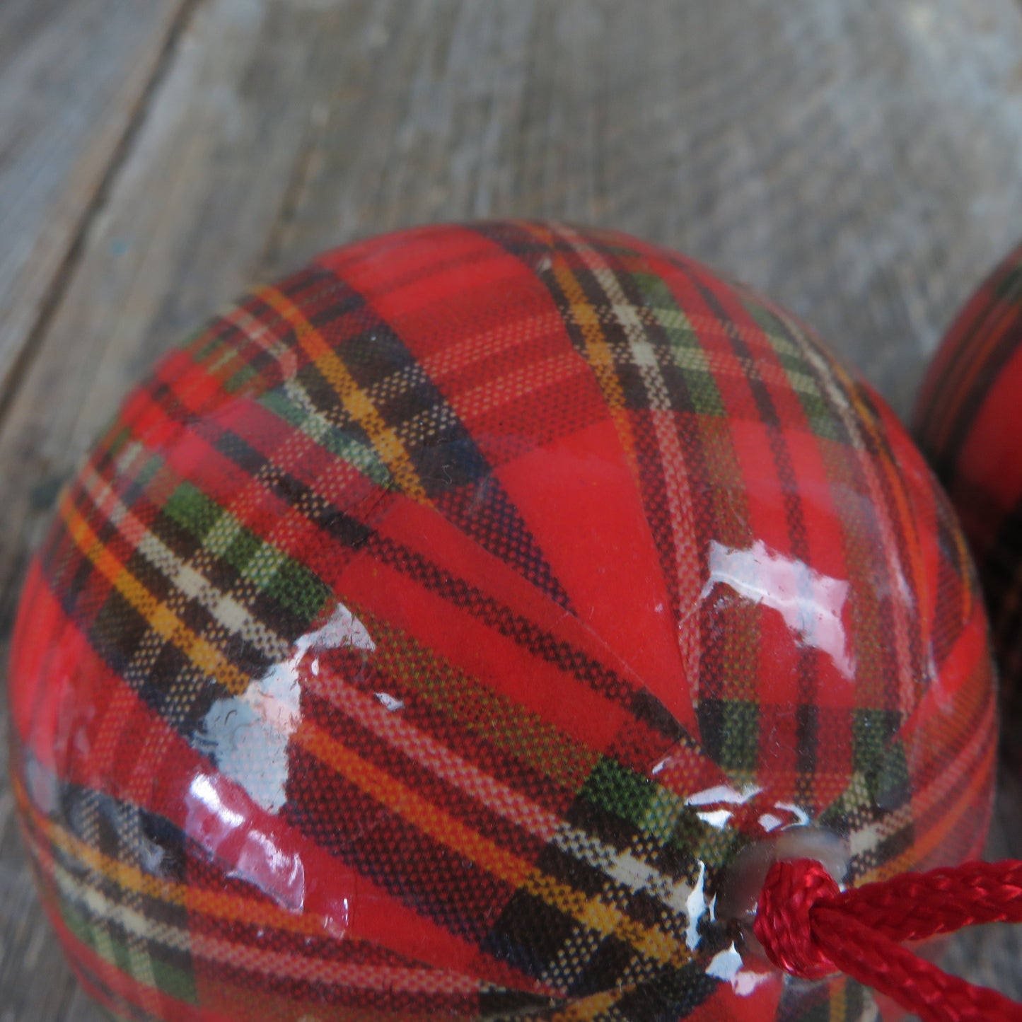 Vintage Red Tartan Plaid Ball Christmas Ornament Decoupage Royal Stewart Fabric or Paper Covered Mache - At Grandma's Table