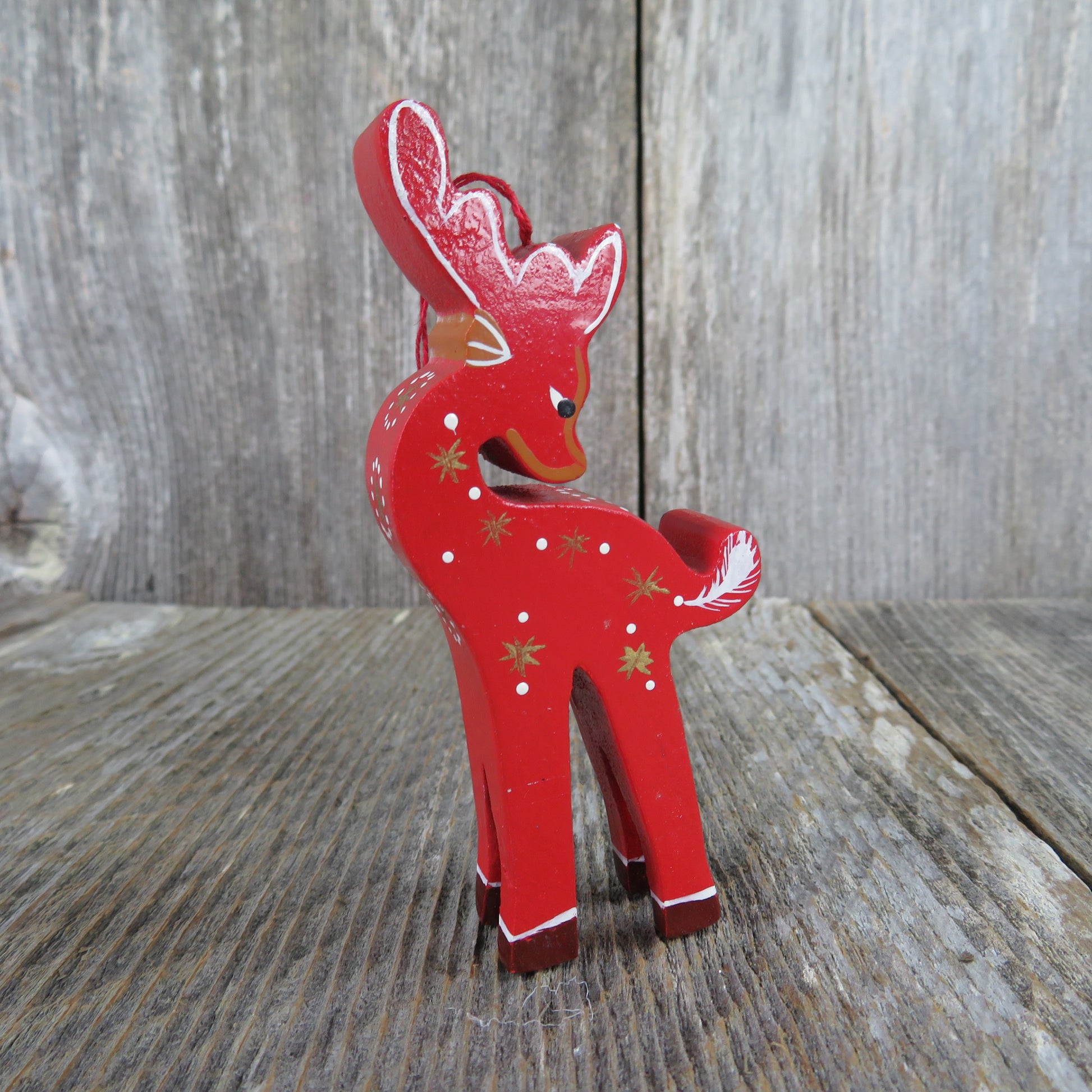 Vintage Reindeer Wood Ornament Red Gold Christmas Deer Looking Over Shoulder - At Grandma's Table