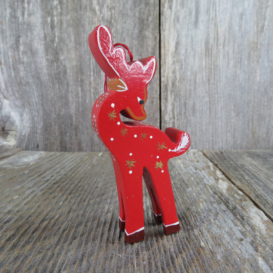 Vintage Reindeer Wood Ornament Red Gold Christmas Deer Looking Over Shoulder - At Grandma's Table