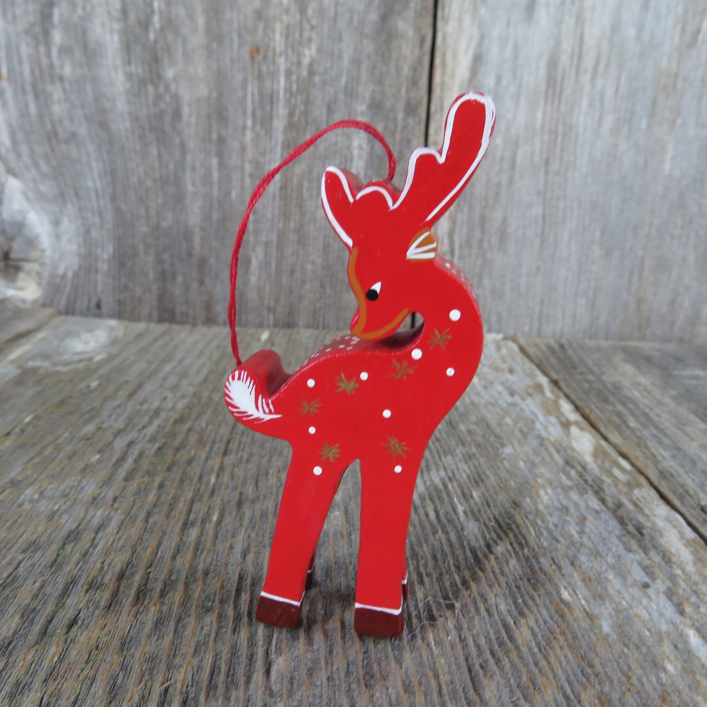 Vintage Reindeer Wood Ornament Red Gold Christmas Deer Looking Over Shoulder - At Grandma's Table