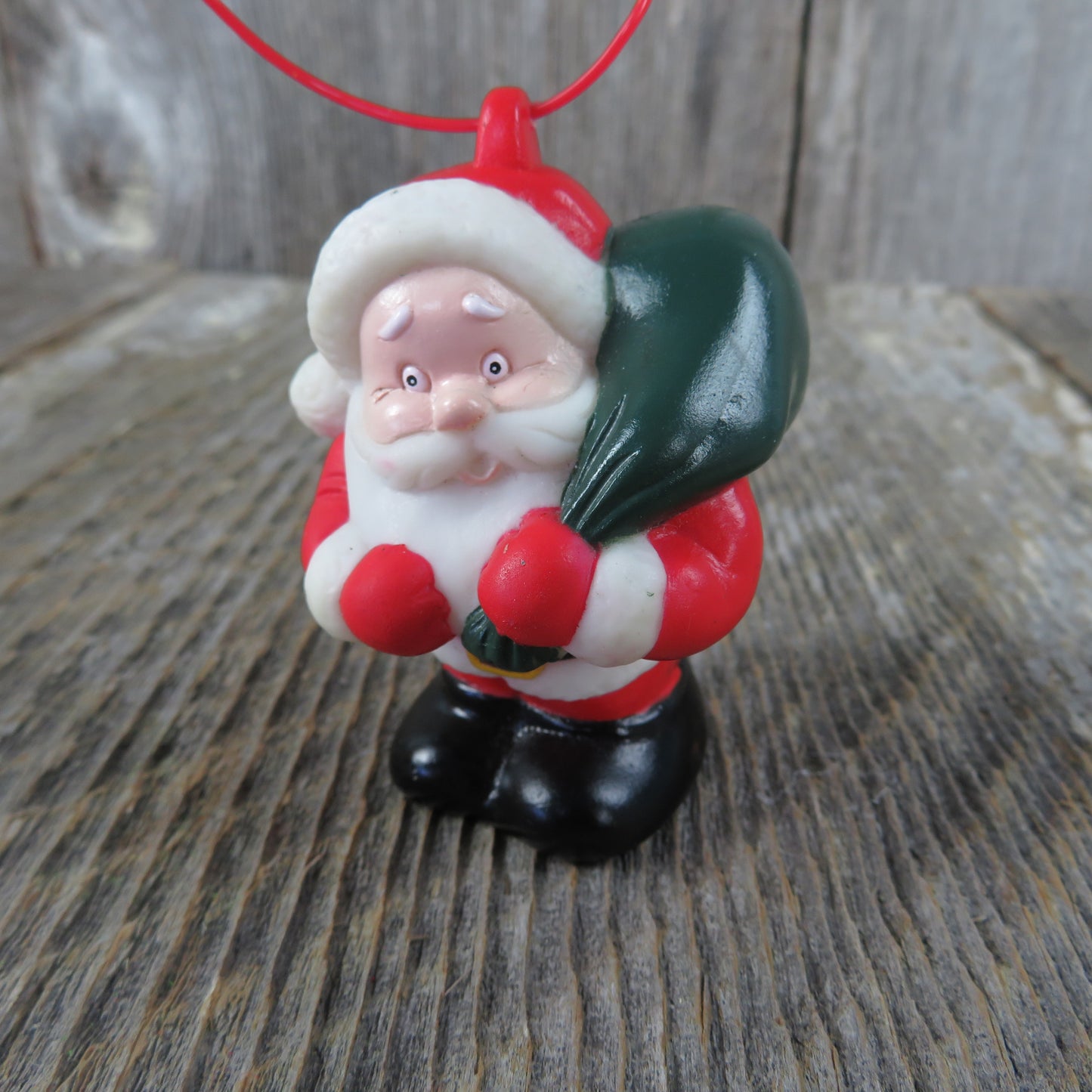 Vintage Santa Claus with Sack Ornament Figurine Plastic Green Bag Christmas Village - At Grandma's Table