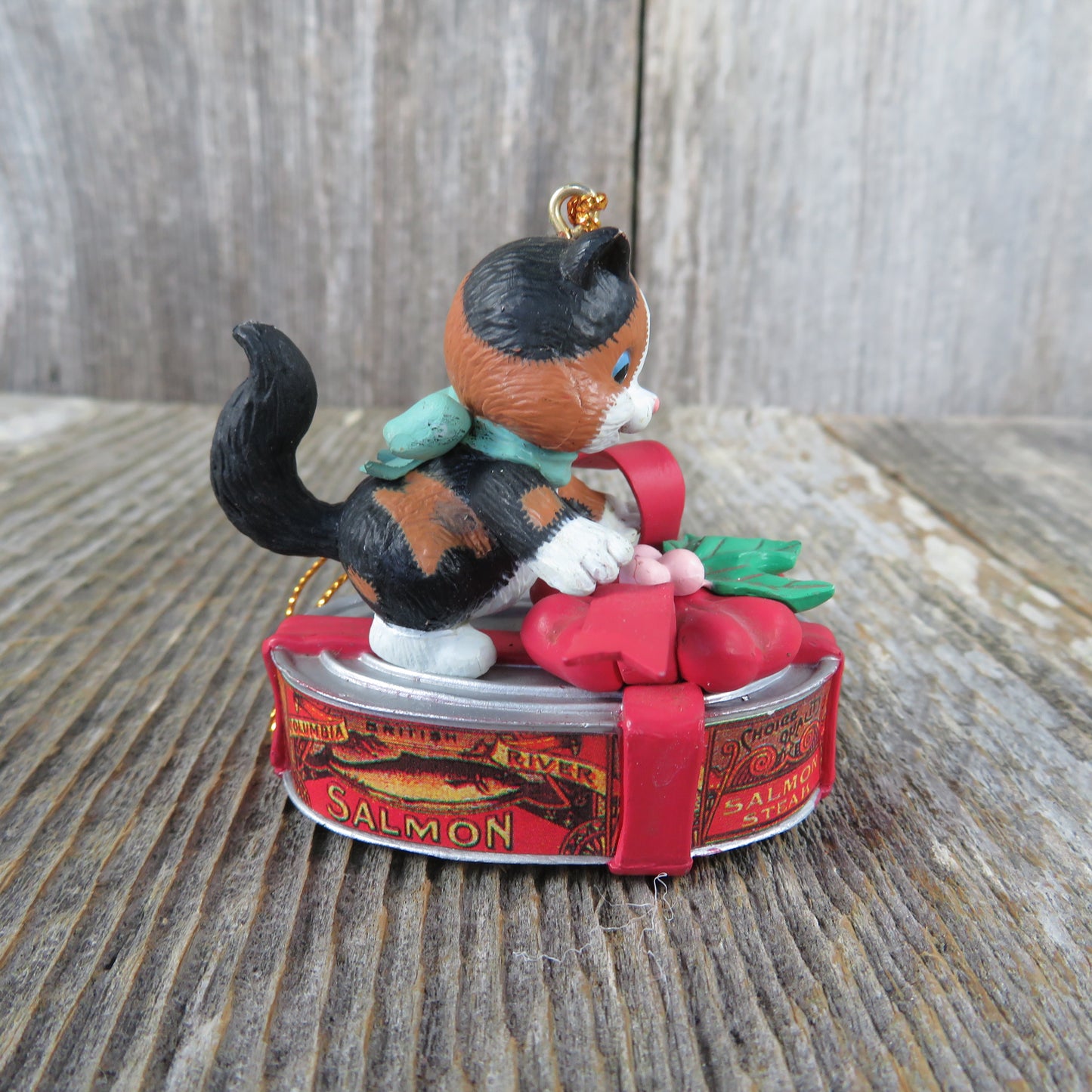 Vintage Cat on Canned Fish Gift Ornament Bow Salmon Christmas Calico Kitten Kitty Lustre Fame 1992 - At Grandma's Table