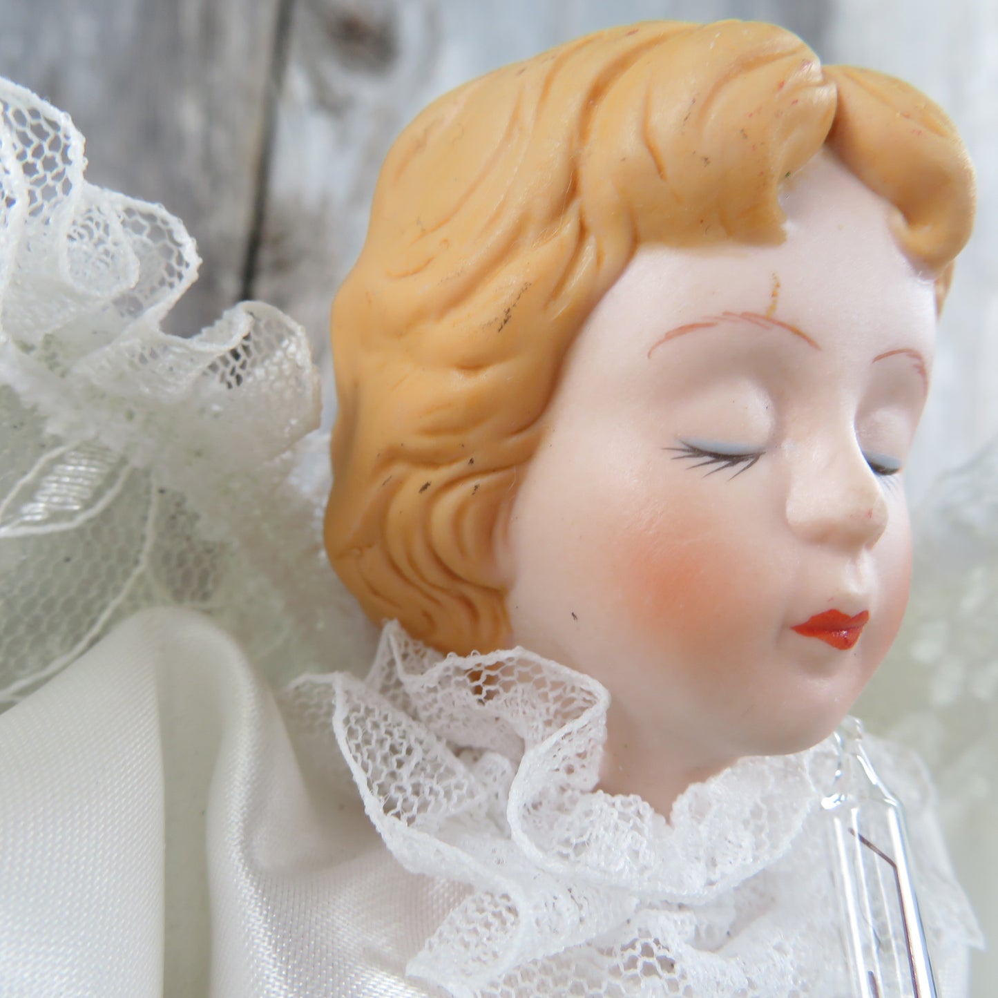 Vintage Angel Christmas Tree Topper Lighted Eyes Closed Porcelain White Cream Ceramic Figurine Bisque - At Grandma's Table